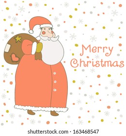 Merry Christmas card in vector.Funny Santa Claus with gift. Beautiful holiday background with Santa under snowfall in stylish colors in vector 