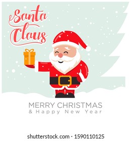 Merry Christmas card. Very cute Santa Claus and gifts and Christmas tree characters. delightful winter snow background.