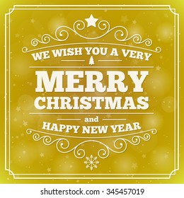 Merry christmas card with vintage label on gold background