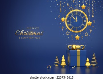 Merry christmas card. Watch with Roman numeral and countdown midnight, eve for New Year. Gold snowflake and stars on blue background. Gift box and golden pine fir cone shape spruce trees. Vector.