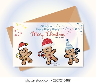 Merry Christmas card with watercolor Gingerbread Mans wishes vector printable invitation design