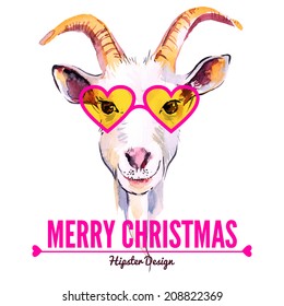 Merry Christmas card with watercolor portrait of hipster goat. Hand drawn vector illustration