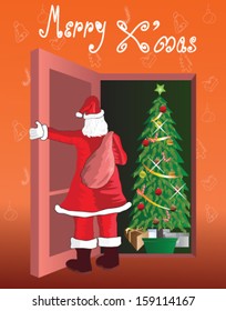 Merry Christmas card where Santa Claus came near the door of a house waiting and watching the Xmas tree in vector design.    