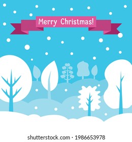 Merry Christmas card. White and blue trees layered background, purple ribbon with editable text. Snowdrifts and flying snowflakes. Greeting card. Vector flat style. Illustration for advertising.