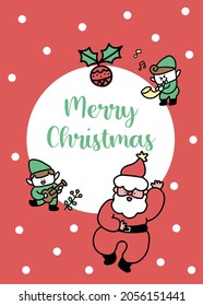 Merry Christmas Card with white polkadot on red background. Santa is singing with 2 elf playing guitar and horn. Together with greeting word.
