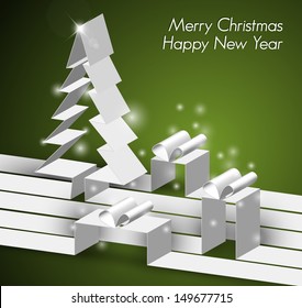 Merry Christmas card with a white tree and gift boxes made from paper stripes