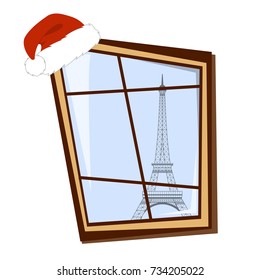 Merry Christmas card with window in Paris and Eiffel tower. Vector illustration
