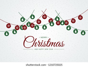 Merry Christmas card with winter background. Text cute design with christmas ball for Christmas and Happy New Year. Vector illustration 