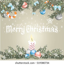 Merry Christmas Card with winter decorations, snowflakes, baubles and fir branches. Postcard or Holiday Party Invitation. Vector illustration