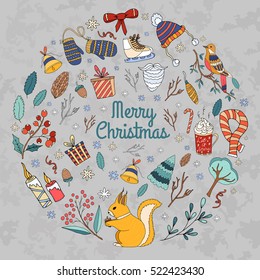 Merry Christmas card with winter forest tree cute squirrel bird decorative elements.Vector hand drawn vintage background set.