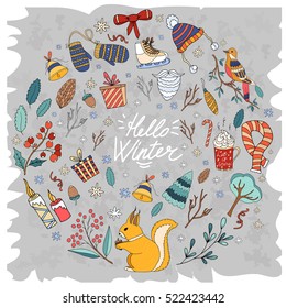 Merry Christmas card with winter forest tree cute squirrel bird decorative elements.Vector hand drawn vintage background set.