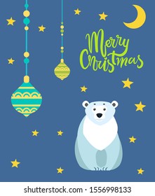 Merry christmas card for winter holidays celebration and greeting. Polar bear and stars, baubles and moon. Calligraphic inscription with decorative font. Grizzly animal and starry night vector