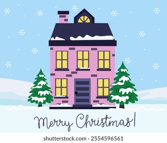 Merry Christmas card, winter illustration in flat style, cute house with fir trees. Vector.