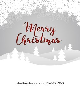 Merry Christmas card with winter landscape on grey background. Vector illustration