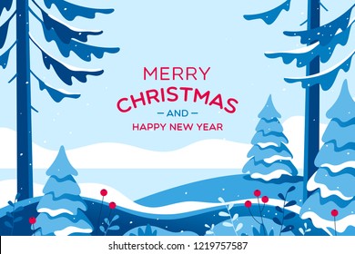 Merry Christmas card with winter landscape. Vector illustration.