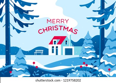 Merry Christmas card with winter landscape. Vector illustration.