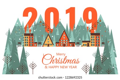 Merry Christmas card with winter landscape. Happy 2019 New Year card with winter village. Mountain city with ski lift, country house, mountains, forest, ski track