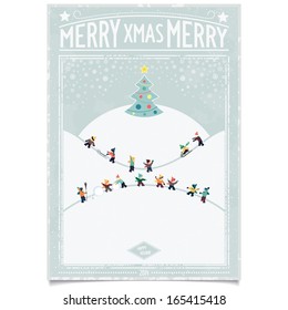 Merry christmas card winter landscape in retro poster style with playing kids and christmas tree on blue grunge  background. vector illustration CMYK eps8