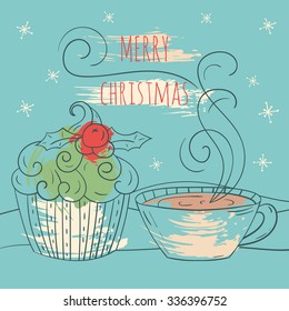 Merry christmas card. Winter vector illustration with cup of tea and cupcake. Hand drawn Xmas design.