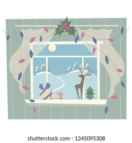 Merry Christmas card. Winter window decorated by gift boxes and garlands. Holiday mood.