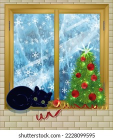 Merry Christmas card, winter window with xmas tree, balls and cat , vector illustration