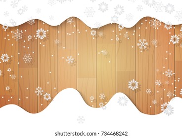 Merry Christmas card with wood background and snow. Vector illustration