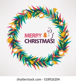  Merry Christmas Card, Wreath Circle Frame Vector Illustration In Modern Vibrant Style