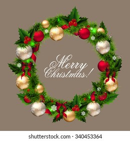 Merry Christmas Card wreath with fir branches, colorful balls, red berry and snowflake. Vector. Holiday Typographical Background Xmas or Happy New Year. For banned, wallpaper, card. Holy wreath.