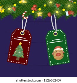 merry christmas card with wreath and tags hanging vector illustration design