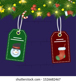 merry christmas card with wreath and tags hanging vector illustration design