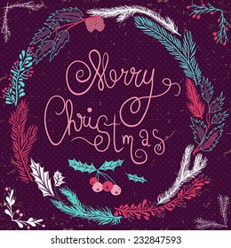 Merry Christmas Card. Christmas Wreath. Christmas wreath with twigs and berries. Vector Illustration. Dark backdrop with polka dot.