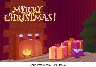 Merry christmas card. Xmas gifts in the room. Christmas interior