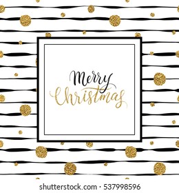 Merry Christmas card, xmas gold text on striped background with golden glitter polka dot, gold vector christmas lettering for holiday card, poster, banner, print, invitation, handwritten calligraphy