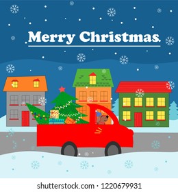 Merry Christmas card. The yellow car gives a Christmas tree to decorate the house. Colorful vector illustration for the winter holidays. You can use for small and medium enterprises Christmas cards.	