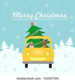 Merry Christmas card. The yellow car gives a Christmas tree to decorate the house. Colorful vector illustration for the winter holidays. You can use for small and medium enterprises Christmas cards.
