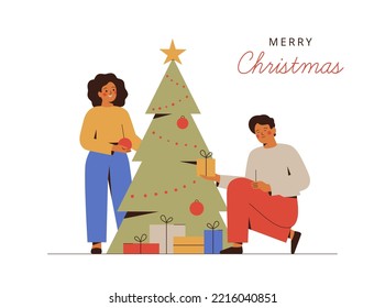 Merry Christmas card. Young couple prepare presents for winter holidays and decorate tree. Family gathered together near festive fir at home. Vector illustration