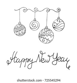 Merry Christmas card in zentangle style with word Happy New Year. Vector.