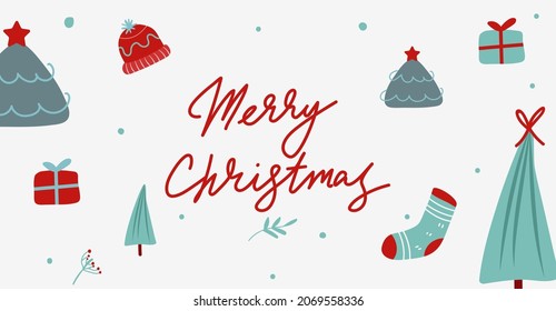 Merry Christmas cardbanner 2021 calligraphy text with hand-drawn illustrations winter theme