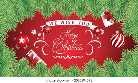 Merry Christmas card.Christmas and New Year Text on blue Xmas background with snow snowflakes.Typography for Christmas and winter holidays greeting card.invitation,postcard.gift,red bow.Illustration