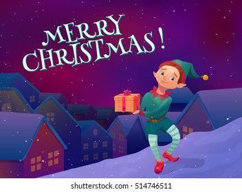 Merry christmas card.Cute elf with a gift box. Christmas cartoon