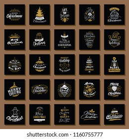Merry Christmas cards. 25 in 1. Typography set. Let it snow. Christmas quotes. Happy holidays. Vector logo, emblems.