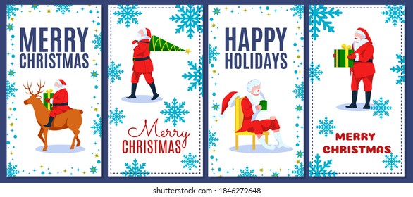 Merry Christmas cards collection. Happy New Year holidays banner, background, festive poster with Santa Claus character delivering presents to children cartoon vector illustration