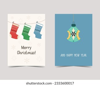 Merry Christmas cards in cute flat style. Minimalistic xmas design with Christmas socks tree toys. Holidays poster templates. Stock vector trendy brochure backgrounds.