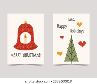 Merry Christmas cards in cute flat style. Minimalistic xmas design. Christmas Holidays poster templates with tree toy and candle. Stock vector trendy brochure backgrounds.