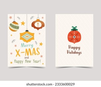 Merry Christmas cards in cute flat style with tree toys. Minimalistic xmas design. Christmas Holidays poster templates. Stock vector trendy brochure backgrounds.