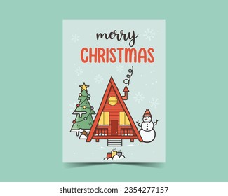 Merry Christmas cards in cute flat style with winter forest cabin. Minimalistic xmas design. Christmas Holidays poster templates. Stock vector trendy brochure backgrounds