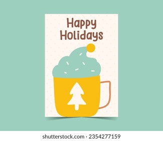 Merry Christmas cards in cute flat style with cofee cup. Minimalistic xmas design. Christmas Holidays poster templates. Stock vector trendy brochure backgrounds