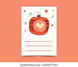 Merry Christmas cards in cute flat style with tree toys. Minimalistic xmas design. Christmas Holidays poster templates. Stock vector trendy brochure backgrounds