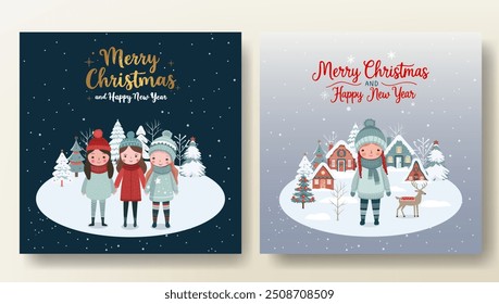 Merry christmas cards with cute girls, snowy trees, houses and lettering. Christmas template. Wintry scenes.