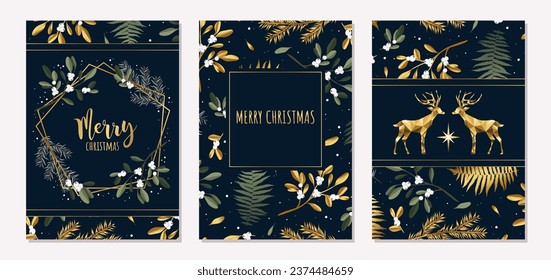 Merry Christmas cards with deers, leaves and mistletoe. Modern templates. Vector illustration.